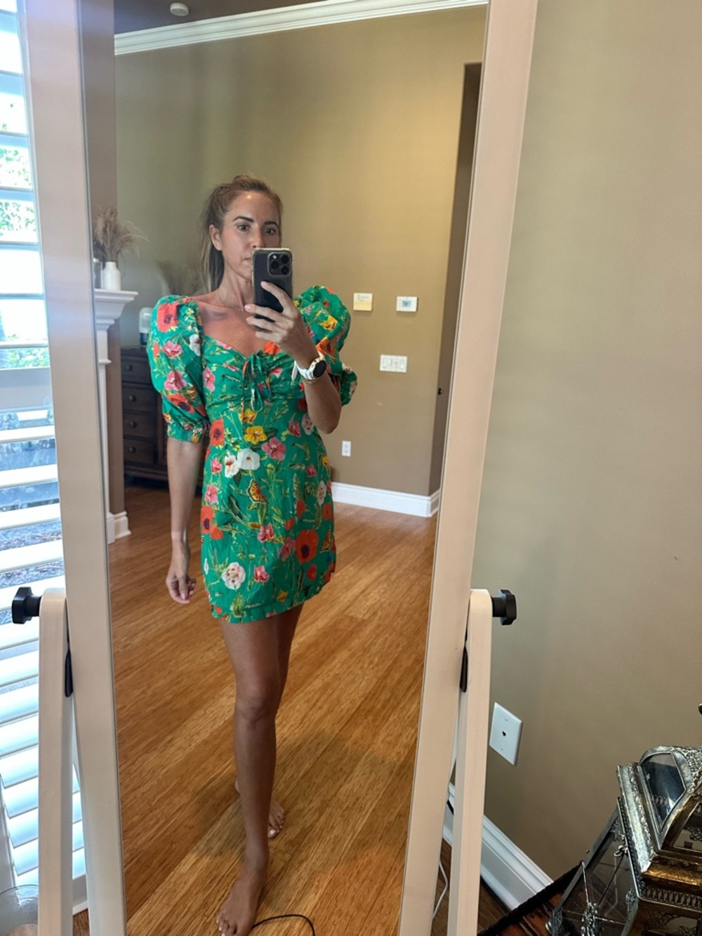 Cara Cara Green Floral Puff-Sleeve Mini Dress